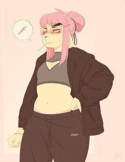 anthro black_bottomwear black_clothing black_jacket black_pants black_topwear bodily_fluids bottomwear cleavage_cutout clothed clothing cutout dagger eyebrows eyewear female fist flat_chested floppy_ears fur glasses grey_clothing grey_shirt grey_topwear hair hand_on_hip jacket looking_aside melee_weapon navel pants pink_background pink_clothing pink_hair pink_underwear ponytail raised_clothing raised_shirt raised_topwear red_eyes shirt simple_background solo standing sweat thick_eyebrows thought_bubble topwear underwear weapon white_body white_fur nextel lagomorph leporid mammal rabbit