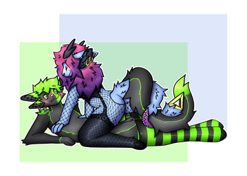 anthro blush bodily_fluids cheek_tuft clothing cowgirl_position dazed duo ear_piercing entwined_tails facial_tuft female fishnet_clothing fluffy from_front_position full_body_fishnet fuzzy green_clothing green_legwear green_thigh_highs hair hand_on_chest inner_ear_fluff legwear lingerie long_hair looking_at_another looking_at_partner male male/female on_bottom on_top pattern_clothing pattern_legwear pattern_thigh_highs penetration piercing sex smile stockings striped_clothing striped_legwear striped_thigh_highs stripes sweat sweatdrop tail tail_coil tails_touching thigh_highs translucent translucent_clothing translucent_legwear translucent_lingerie translucent_stockings tuft vaginal vaginal_penetration kyaro creed_(linuxlite) canid canine deer mammal hi_res