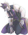 anthro blue_eyes bottomwear clothing fur gloves grey_body grey_fur handwear looking_at_viewer male mask pants shirt simple_background solo tail topwear vest white_body white_fur izm_rm7 lifewonders live_a_hero vulpecula canid canine fox mammal 2023 absurd_res hi_res