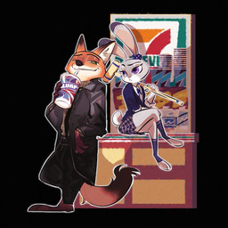 accessory anthro beverage bottomwear brown_body brown_fur clothed clothing collared_shirt cosplay croquet_mallet crossover_cosplay dress_shirt drinking duo eyebrows female fur green_eyes grey_body grey_fur jacket leaning long_ears male narrowed_eyes necktie orange_body orange_fur purple_eyes shirt sitting skirt slurpee tail tan_body tan_fur topwear white_body white_fur meatballs_5u 7-eleven disney heathers_(film) zootopia judy_hopps nick_wilde canid canine fox lagomorph leporid mammal rabbit 1:1 crossover
