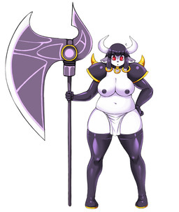 anthro areola armor axe battle_axe big_breasts black_hair black_nipples bottomwear breasts clothing fantasy_weapon female greataxe grey_areola grey_nipples hair horn loincloth melee_weapon navel nipples oversized_weapon overweight overweight_anthro overweight_female red_eyes simple_background solo spiked_armor spikes thick_thighs weapon white_background wide_hips meganemausu sorcerland cowra_(sorcerland) bovid bovine cattle mammal murid rodent absurd_res hi_res