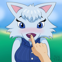 ambiguous_gender ambiguous_pov anthro big_breasts biped blue_clothing blue_eyes blue_sweater blue_topwear blurred_background blush blush_lines boop breasts clothed clothed_anthro clothed_female clothing day detailed_background duo eyelashes facial_tuft female female/ambiguous fingers first_person_view front_view fur grass grey_body grey_fur grey_hair hair human_on_anthro human_pov interspecies long_eyelashes looking_at_viewer nose_boop outside plant short_hair sky sleeveless_sweater surprised sweater text topwear tuft alwinmeistro animal_crossing nintendo whitney_(animal_crossing) canid canine canis human mammal wolf 1:1 absurd_res artist_name colored hi_res shaded
