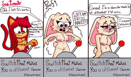 anthro areola breasts buckteeth cleavage clothed clothing covering covering_breasts dialogue female genitals lever navel nipples nude solo speech_bubble tail teeth text vulva sussytomato sega sonic_the_hedgehog_(series) lindsey_(sussytomato) myxo_(myxosaurus) domestic_cat felid feline felis lagomorph leporid mammal rabbit english_text hi_res