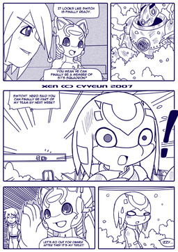 anthro bodily_fluids dialogue exclamation_point facial_markings fangs female female_anthro forehead_markings group head_markings machine male male_human markings open_mouth smoke speech_bubble sweat sweatdrop talking_to_another teeth text yelling cyyeun xen_(series) izzy_(xen) nero_(xen) switch_(xen) alien human mammal robot 2007 blue_and_white comic dated english_text monochrome