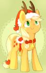 antlers apple bell blonde_hair christmas_clothing christmas_headwear clothing collar cutie_mark fashion_saddle female feral food freckles fruit fur green_eyes hair hat headgear headwear holidays horn long_hair multicolored_hair orange_body orange_fur plant saddle santa_hat smile solo aosion christmas friendship_is_magic hasbro my_little_pony applejack_(mlp) earth_pony equid equine horse mammal pony hi_res