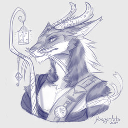 anthro bandage countershading fur horn lamp lantern looking_at_viewer male pupils slit_pupils solo staff whiskers yaegerarts mythology canid dragon furred_dragon furred_scalie mammal mythological_creature mythological_scalie scalie 1:1 hi_res monochrome sketch