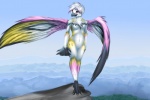 2013 anthro avian beak bird black_beak black_body black_feathers black_markings breasts brigitte chest_tuft cliff feathered_wings feathers featureless_breasts feet female fur hair markings mountain multicolored_hair multicolored_wings navel non-mammal_breasts outside pacmancorp pink_body pink_eyes pink_feathers pink_hair solo talons toes tuft two_tone_hair valley white_body white_feathers white_fur white_hair wings yellow_body yellow_feathers yellow_fur