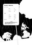 ambiguous_gender anthro duo feral open_mouth plant raining shrub table_of_contents text whiskers winte nintendo pokemon canid canine dewott generation_1_pokemon generation_5_pokemon mammal pokemon_(species) vulpix comic japanese_text monochrome translated