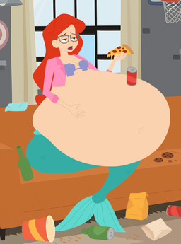 5_fingers belly belly_focus beverage beverage_can big_belly bloated bra candy chocolate chocolate_chip_cookie chocolate_chips clothing collar cookie dessert eyewear female fingers food furniture glasses grey_eyes grey_eyewear grey_glasses hair hand_on_belly holding_food holding_object holding_pizza huge_belly hyper hyper_belly inflation lips mermaid_tail messy_room navel on_model on_sofa pepperoni_pizza pink_clothing pink_collar pink_lips pink_shirt pink_topwear pizza red_hair seashell_bra shirt sitting sitting_on_sofa soda sofa solo split_form thick_thighs topwear underwear wine_bottle vanilladream34 disney mad_(series) the_little_mermaid_(1989) ariel_(disney) aquatic merfolk 2025 absurd_res digital_drawing_(artwork) digital_media_(artwork) full-length_portrait hi_res paint_tool_sai_(artwork) portrait