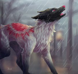 ambiguous_gender back_markings black_body black_fur cheek_tuft detailed_background digitigrade ears_back facial_tuft fangs feral fur glistening grey_body grey_fur light looking_up markings open_mouth outside pink_eyes pink_nose pivoted_ears plant raining reflection side_view solo teeth tree tribal tribal_markings tuft water water_reflection wet wet_body wet_fur rizent canid canine canis mammal wolf 2020 hi_res lighting