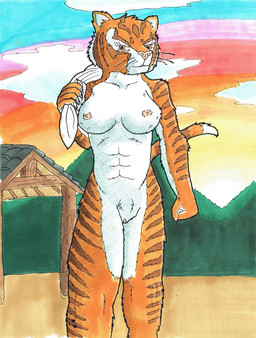 anthro breasts female fullcolor genitals mountain muscular muscular_female nipples nude solo sunset vulva walking nyghtmar3 dreamworks kung_fu_panda master_tigress felid feline mammal pantherine tiger hi_res traditional_media_(artwork)
