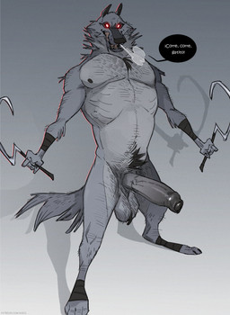 anthro arm_wrapping arm_wraps balls big_penis body_hair breath cheek_tuft chin_tuft dialogue dual_wielding erection facial_markings facial_tuft fluffy fluffy_tail foreskin fur fuzzy fuzzy_balls genitals glowing glowing_eyes grey_body grey_fur grin hairy_balls head_markings holding_object holding_weapon humanoid_genitalia humanoid_penis leg_wraps licking licking_lips male markings mask_(marking) neck_tuft nipples nude open_mouth penis pubes pupils red_eyes sickle simple_background smile solo speech_bubble standing tail teeth text tongue tongue_out tuft weapon white_pupils wrapped_arms wrapped_legs wraps wrist_wraps wristband ksejl dreamworks puss_in_boots_(franchise) death_(puss_in_boots) canid canine canis mammal wolf absurd_res hi_res spanish_text translated