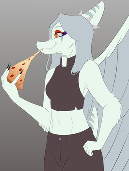 amber_eyes anthro black_bottomwear black_clothing black_crop_top black_pants black_shirt black_topwear bone_frill bottomwear breasts claws clothed clothed_anthro clothed_female clothing collar crop_top eating elbow_feathers feathered_wings feathers female finger_claws fingers food frill_(anatomy) grey_background grey_body grey_feathers grey_hair hair holding_food holding_object holding_pizza humanoid_hands long_hair markings medium_breasts navel non-mammal_breasts non-mammal_navel pants pizza shirt side_view simple_background smile solo spiked_collar spikes striped_markings stripes topwear wings louiss. cavemanon_studios goodbye_volcano_high ko_op_(game_developer) snoot_game fang_(gvh) prehistoric_species pterosaur reptile scalie 3:4 absurd_res colored half-length_portrait hi_res portrait