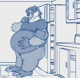 3_toes 5_fingers anthro anthrofied appliance belly biceps big_belly biped bottomwear claws clothed clothed_anthro clothed_male clothing detailed_background eyebrows eyewear feet finger_claws finger_to_mouth fingers floor fridge fur glasses grin grinning_at_viewer hair hand_on_belly hand_on_own_belly humanoid_hands inside kitchen kitchen_appliance kitchen_cabinet kitchen_counter leaning leaning_backward looking_at_viewer male male_anthro multicolored_body multicolored_fur musclegut muscular muscular_anthro muscular_arms muscular_male narrowed_eyes navel overweight overweight_anthro overweight_male pants pecs plantigrade pokemorph shirt side_view smile smiling_at_viewer solo standing t-shirt teeth tight_clothing tight_shirt tight_t-shirt tight_topwear tile tile_floor toe_claws toes topwear triceps wearing_glasses teaselbone nintendo pokemon armail vadiant generation_8_pokemon obstagoon pokemon_(species) 2022 blue_and_white digital_drawing_(artwork) digital_media_(artwork) monochrome signature sketch