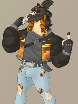 adam's_apple anthro beard belt belt_buckle big_bulge black_belt black_clothing black_jacket black_jewelry black_topwear blue_bottomwear blue_clothing blue_jeans blue_pants body_hair bottomwear brown_eyes buckle bulge chain cigarette cigarette_in_mouth clothed clothing curly_hair denim denim_bottomwear denim_clothing ear_piercing eye_scar facial_hair facial_piercing facial_scar fingers fur gesture gloves gold_accents grey_clothing grey_hair grey_shirt grey_topwear hair hand_gesture handwear hooved_fingers hooves jacket jeans jewelry lip_piercing long_beard male markings middle_finger mole_under_eye musclegut muscular muscular_anthro muscular_male mustache nose_jewelry object_in_mouth pants pecs piercing ponytail pubes scar shirt solo spots spotted_body spotted_fur tall tied_shirt tongue topwear torn_bottomwear torn_clothing torn_jeans torn_pants starmoral mora_giraffe_(starmoral) giraffe giraffid mammal hi_res