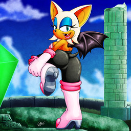 anthro big_breasts big_butt breasts butt clothing female looking_at_viewer looking_back looking_back_at_viewer narrowed_eyes solo tight_clothing gregthelion sega sonic_the_hedgehog_(series) rouge_the_bat bat mammal absurd_res hi_res