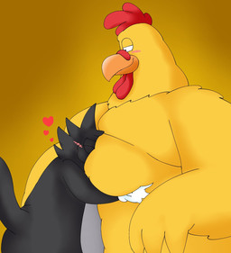 anthro black_body black_fur blush clothing duo eyes_closed feathers fur gloves grey_body grey_fur half-closed_eyes handwear head_buried head_in_chest heart_symbol hug love male morbidly_obese narrowed_eyes obese overweight simple_background white_clothing white_gloves white_handwear yellow_background yellow_body yellow_feathers pt80s0up family_guy the_simpsons ernie_the_giant_chicken scratchy_(the_simpsons) avian bird chicken domestic_cat felid feline felis galliform mammal phasianid hi_res
