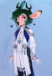 anthro antlers blue_background fantasy freckles fur green_hair hair half-closed_eyes heart_symbol horn male narrowed_eyes royalty simple_background smile solo tan_body tan_fur heresvix deer mammal new_world_deer white-tailed_deer hi_res