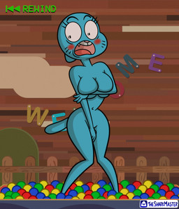 anthro ball blue_body blush blushed_face breasts covering covering_self embarrassed embarrassing_nudity female nude nude_female pit public self solo standing tsm-draws cartoon_network the_amazing_world_of_gumball nicole_watterson domestic_cat felid feline felis mammal