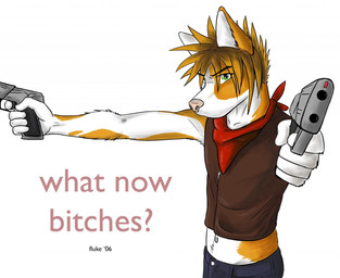 aiming_at_viewer anthro brown_hair caption clothed clothing dual_wielding gangster green_eyes gun hair handgun holding_gun holding_handgun holding_object holding_pistol holding_ranged_weapon holding_weapon kerchief looking_at_viewer male neckerchief neckwear pistol profanity ranged_weapon red_kerchief red_neckerchief simple_background solo text weapon white_background fluke canid canine mammal 2006 colored english_text