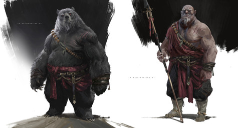 anthro bald barefoot beard claws clothing facial_hair feet front_view fur grey_body grey_fur holding_melee_weapon holding_object holding_polearm holding_spear holding_weapon male melee_weapon muscular muscular_male polearm red_clothing simple_background spear standing weapon white_beard white_facial_hair yang_qi black_myth:_wukong bear human mammal absurd_res digital_media_(artwork) hi_res official_art
