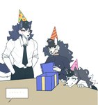 anthro birthday birthday_gift black_sclera blue_eyes blush blush_lines bone box breasts cheek_tuft clothed clothing container disembodied_head ellipsis eyelashes facial_tuft female fluffy fluffy_tail fur furniture gift_box group hair hat headgear headwear male necktie party_hat skull skull_head speech_bubble table tail tuft yellow_eyes tianiseul skull_dog_(tianiseul) canid canine mammal skulldog_(species) hi_res