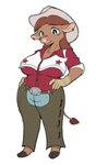 ally_tinhorn anthro belt_buckle big_breasts birdgummies blue_bottomwear blue_clothing blue_jeans blue_pants bottomwear bovid bovine breasts brown_hair buckle cattle chaps clothing denim denim_bottomwear denim_clothing digital_media_(artwork) ear_piercing ear_ring female full-length_portrait hair hands_on_hips hi_res jeans mammal overweight pants piercing portrait red_clothing red_shirt red_topwear ring_piercing shirt simple_background smile smirk solo thick_thighs topwear western_clothing wide_hips