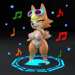 anthro areola big_breasts black_background black_nose blonde_hair breasts dipstick_tail eyelashes eyeshadow eyewear eyewear_on_head fangs feet female front_view fur genitals gloves_(marking) gradient_background grey_background grey_eyes hair head_tuft leg_markings looking_at_viewer makeup markings musical_note musical_symbol navel nipples nude open_mouth open_smile orange_body orange_fur pink_areola pink_nipples simple_background smile socks_(marking) solo sunglasses sunglasses_on_head symbol tail tail_markings tan_body tan_fur teeth thick_thighs tuft vulva wide_hips yellow_eyeshadow general_buta animal_crossing nintendo audie_(animal_crossing) canid canine canis mammal wolf 1:1 3d_(artwork) digital_media_(artwork)