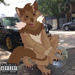 album_cover anthro brown_body brown_fur caracal caracal_(genus) choopling cover draw_over felid feline fur hi_res male mammal money money_fan parental_advisory smile solo tail tay-k