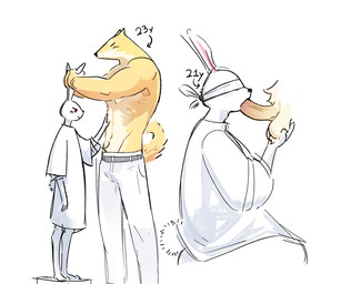 anthro ball_fondling balls blindfold duo fellatio fondling genitals holding_both_ears interspecies kneeling male male/male oral patting_belly penile sex simple_background size_difference white_background tofr44 canid canine canis domestic_dog lagomorph leporid mammal rabbit shiba_inu spitz 6:5
