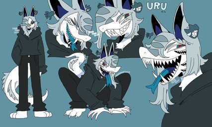 anthro blue_background clothed clothing male multi_mouth sharp_teeth simple_background solo tail teeth text 87sukiyaki uru_(87sukiyaki) monster 2025 character_name dated hi_res