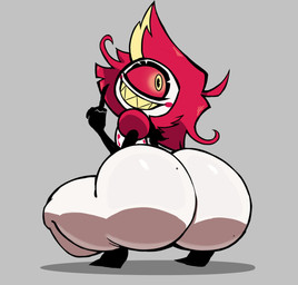 1_eye big_butt butt butt_focus crouching female hair looking_back raised_finger red_hair red_sclera sharp_teeth simple_background smile solo teeth white_body white_skin diivox hazbin_hotel hellaverse niffty_(hazbin_hotel) cyclops demon demon_humanoid humanoid hi_res