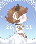 anthro blush brown_hair brown_markings clothing cowbell dress eyes_closed female fur hair holidays horn markings short_hair side_view solo white_body white_clothing white_dress white_fur roboto_(artist) chinese_zodiac new_year year_of_the_ox bovid bovine cattle holstein_friesian_cattle mammal 2021 digital_media_(artwork) half-length_portrait hi_res portrait