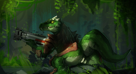 anthro armor bodily_fluids female forest genital_fluids genitals glowing glowing_eyes grass green_body looking_at_viewer lying on_front plant ranged_weapon rocket_launcher solo spread_legs spreading tree vaginal_fluids vulva weapon conditional_dnp shido-tara microsoft quake quake_champions sorlag reptile scalie hi_res