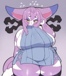 anthro big_breasts breasts clothed clothing female fur generation_4_pokemon hair hi_res huge_breasts legwear nintendo overweight overweight_anthro paperrose pokemon pokemon_(species) purple_body purple_fur purple_hair purugly solo stockings thick_thighs white_body white_fur