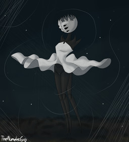 bottomwear clothed clothing clothing_lift dress dress_lift female genitals silk_dress skirt skirt_lift solo text vulva white_text wind wind_lift the_nameless_guy hollow_knight:_silksong hollow_knight_(franchise) team_cherry first_sinner arachnid arthropod humanoid spider weaver_(hollow_knight) 2025 artist_name english_text hi_res