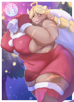 absolute_territory ahoge anthro arm_scar big_breasts blonde_hair blurred_background border breast_scar breasts broken_horn brown_body brown_fur clothing dress evergreen_tree female fur glistening glistening_hair gloves green_eyes hair handwear holding_bag holidays horn huge_breasts huge_hips huge_thighs logo looking_at_viewer navel navel_outline nipple_outline one_eye_closed open_mouth overweight overweight_anthro overweight_female pine_tree plant ponytail red_clothing red_dress red_gloves red_handwear scar side_boob slightly_chubby slightly_chubby_anthro slightly_chubby_female snow solo tail tail_tuft teeth thick_thighs tree tuft white_border wide_hips wink sasanoha6011 christmas kalan_(sasanoha6011) bovid bovine cattle mammal artist_logo hi_res