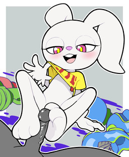 anthro beta_design clothing erection feet female flat_chested foot_fetish foot_focus foot_play footjob footwear genitals nude open_mouth penile penis sex shirt shoes sitting smile soles spread_legs spreading toes topwear young young_female gaturo nintendo splatoon beta_inkling lagomorph leporid mammal rabbit 2025 hi_res
