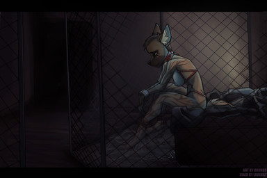 anthro bdsm bed bodily_fluids bondage bound breasts brown_body brown_fur cage camera chain clothing collar crying cuff_(restraint) dark female fishnet_clothing fur furniture green_eyes hair handcuffs harness makeup mascara metal_cuffs nipples prisoner punishment red_collar red_rope restraints rope running_makeup running_mascara sad shackles short_hair side_view slave solo stripes tail tears brun69 lavabat brown_hyena hyena mammal striped_hyena 3:2 digital_media_(artwork) full-length_portrait portrait