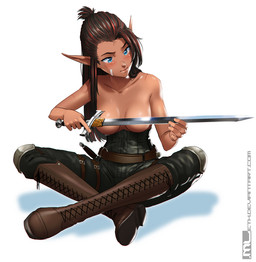 blue_eyes blush boots breasts brown_hair clothed clothing convenient_censorship crossed_legs dagger female footwear hair holding_melee_weapon holding_object holding_sword holding_weapon humanoid_pointy_ears knife leather long_hair melee_weapon not_furry pointy_ears shoes simple_background sitting solo sword topless weapon white_background mleth lantea_(skiefire) elf humanoid 2016 censored