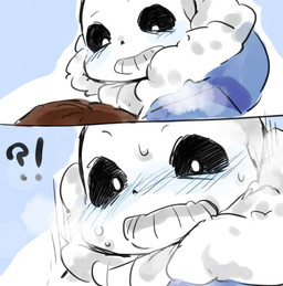 blush bodily_fluids bone brown_hair clothing duo grin hair hoodie interrobang jacket male not_furry skeleton smile sweat topwear koyashaka undertale undertale_(series) frisk_(undertale) sans_(undertale) animated_skeleton human mammal undead comic reaction_image