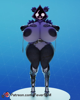 anthro areola big_breasts breasts claws clothing eye_scar facial_scar female female_anthro fingers genitals gloves handwear huge_breasts nipples purple_body purple_hood scar solo standing text vulva feversfm epic_games fortnite raven_team_leader bear mammal 2024 3d_(artwork) digital_media_(artwork) hi_res url