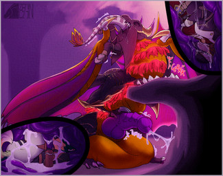 anthro balls big_balls big_penis bodily_fluids claws cock_vore cum erection genital_fluids genitals glurk group huge_balls huge_penis hyper hyper_balls hyper_genitalia hyper_penis internal knot knotted_penis logo male male/male nude open_mouth oral_vore orange_balls penile penis purple_background purple_penis saliva simple_background teeth throb throbbing throbbing_penis trio vore zeanlain capcom monster_hunter asano_ichimaru canid canine elder_dragon malzeno mammal artist_logo colored