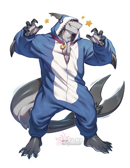 5_fingers anthro biped claws clothing countershade_tail countershading dorsal_fin fin fin_piercing fingers furgonomic_piercing furgonomics kigurumi male onesie piercing ring_piercing sharp_teeth solo tail tail_fin teeth plna aquatic fish shark hi_res