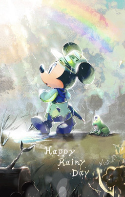 anthro black_eyes black_nose clothed clothing cloud coat detailed_background feral footwear forest grass hat headgear headwear log looking_at_another looking_up male plant rainbow raincoat raining shoes sky solo text topwear tree umbrella walking wood unknown_artist disney mickey_mouse amphibian frog house_mouse mammal mouse murid murine rodent english_text hi_res