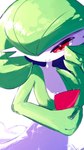 3_fingers ambiguous_gender fingers green_pseudo_hair looking_at_viewer one_eye_obstructed pseudo_clothing pseudo_hair red_eyes simple_background solo my_6633 nintendo pokemon gardevoir generation_3_pokemon humanoid pokemon_(species) 2025 hi_res signature