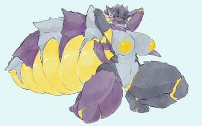 after_transformation alternate_species anthro areola arthropod_abdomen eyewear female fur glasses grey_body purple_body purple_fur solo yellow_areola purple_flourish winter_ithring animal_humanoid arthropod arthropod_humanoid bile_spewer humanoid insect insect_humanoid mammal procyonid raccoon absurd_res hi_res