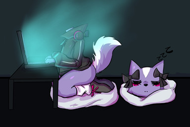 anthro black_clothing black_footwear black_jacket black_shoes black_topwear bow_ribbon clothing computer detachable detachable_head electronics eyes_closed female footwear headless headphones jacket kneeling modular multicolored_body pink_body sleeping solo sound_effects topwear vowelless vowelless_sound_effect white_body zzz iwantcheeseburger aggretsuko european_mythology irish_mythology mythology sanrio shikabane_(aggretsuko) dullahan mammal mephitid skunk 2025 3:2