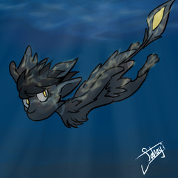 4_ears anthro black_body black_hair feathered_wings feathers feet female grey_body hair multi_ear solo tail underwater water winged_arms wings yellow_eyes isi_avalibot cobalt_de_sa_(isi_avalibot) avali avian 1:1 hi_res signature