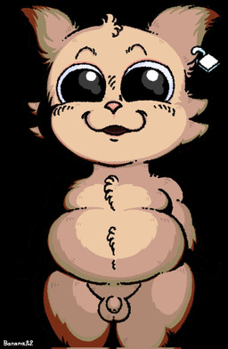 anthro balls black_eyes brown_body brown_ears brown_fur brown_hair darkness ear_piercing foreskin front_view fur genitals hair happy humanoid_genitalia humanoid_penis lock looking_at_viewer male moobs nude padlock penis piercing pink_nose slightly_chubby small_penis smile solo standing text unretracted_foreskin bananapop garn47 car_(garn47) domestic_cat felid feline felis mammal 2025 artist_name digital_media_(artwork) hi_res